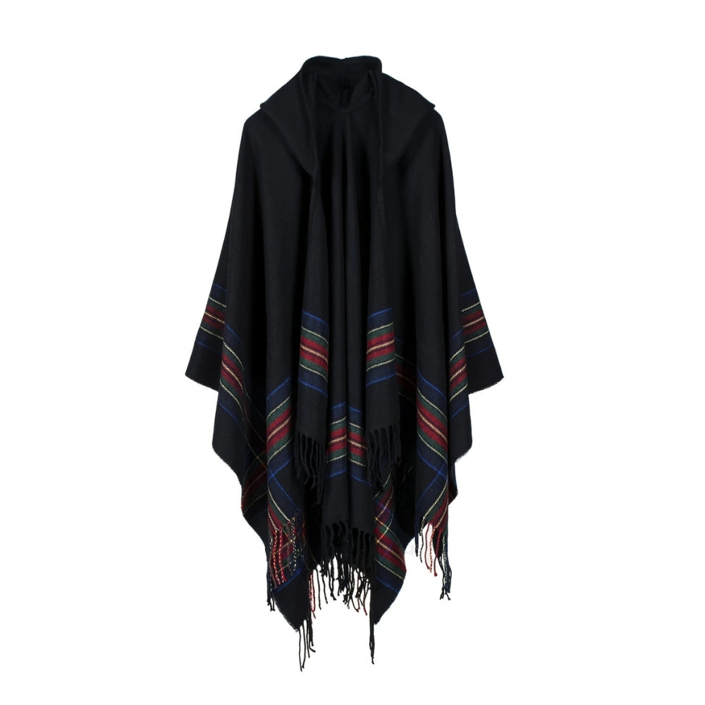 Acrylic Hooded Striped Poncho Shawl